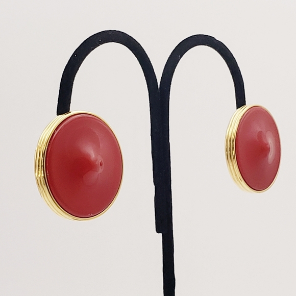 Vintage Red Givenchy Lucite Round Discs Clips Gold Tone - Picture 3 of 10